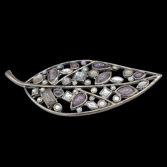 Vintage Laila Rowe Large Leaf Shaped Brooch Gunmetal Black Rhinestones - Picture 3 of 7